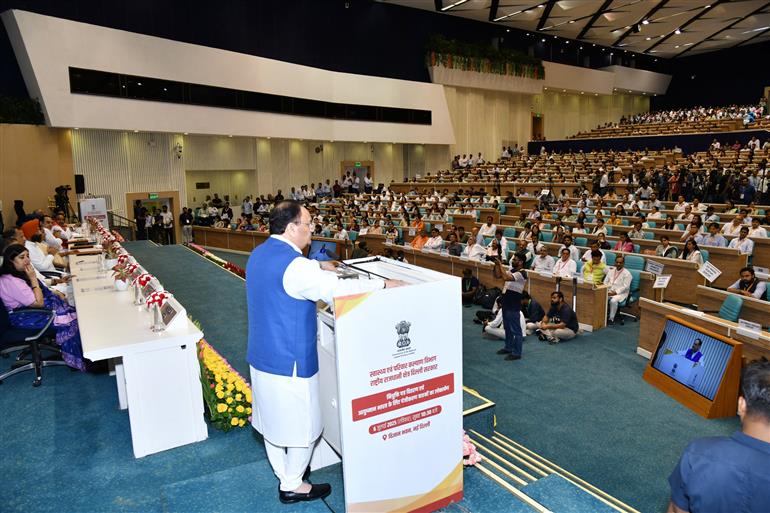 The Union Minister of Health and Family Welfare & Chemicals and Fertilizers, Shri Jagat Prakash Nadda addressing at the flagging off ceremony of Ayushman Bharat Registration Vans, in New Delhi on July 06, 2025.
