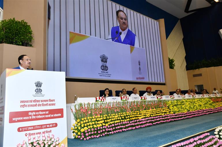 The Union Minister of Health and Family Welfare & Chemicals and Fertilizers, Shri Jagat Prakash Nadda addressing at the flagging off ceremony of Ayushman Bharat Registration Vans, in New Delhi on July 06, 2025.