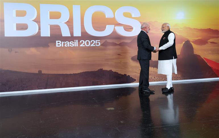 PM meets the President of Brazil, Mr. Luiz Inacio Lula da Silva on the sidelines of the 17th BRICS Summit in Rio de Janeiro, Brazil on July 06, 2025.