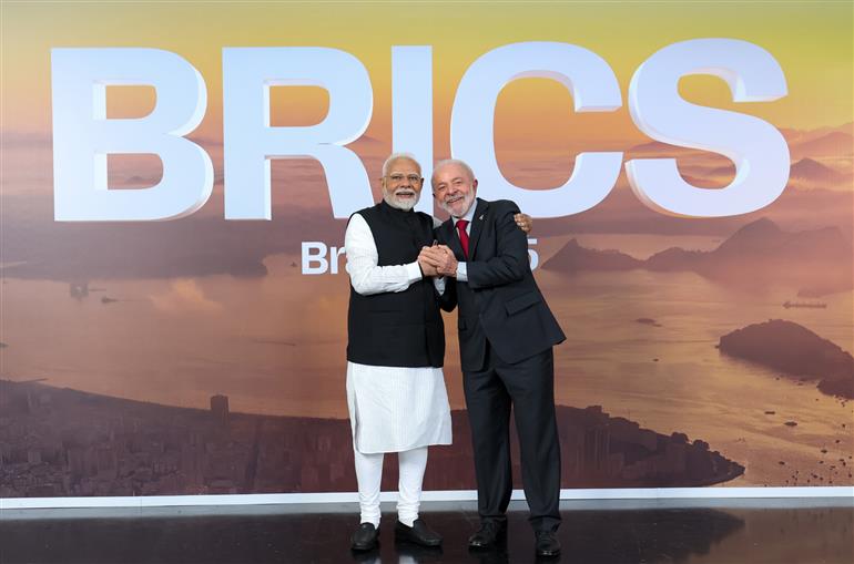PM meets the President of Brazil, Mr. Luiz Inacio Lula da Silva on the sidelines of the 17th BRICS Summit in Rio de Janeiro, Brazil on July 06, 2025.