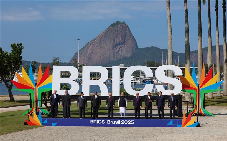 PM in a family photograph with BRICS Members on the sidelines of 17th BRICS Summit at Rio de Janeiro, in Brazil on July 06, 2025.
