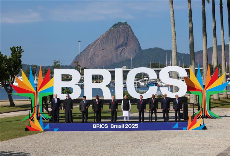 PM in a family photograph with BRICS Members on the sidelines of 17th BRICS Summit at Rio de Janeiro, in Brazil on July 06, 2025.