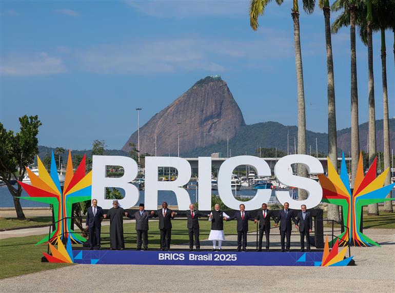 PM in a family photograph with BRICS Members on the sidelines of 17th BRICS Summit at Rio de Janeiro, in Brazil on July 06, 2025.