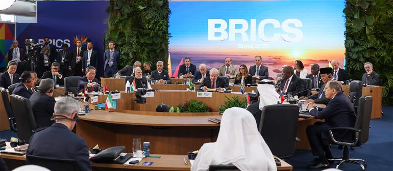 PM addressing the session on ‘Peace and Security and Reform of Global Governance’ on the sidelines of 17th BRICS Summit at Rio De Janeiro, in Brazil on July 06, 2025.