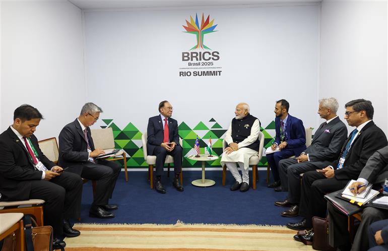 PM holds a bilateral meeting with the Prime Minister of Malaysia, Mr. Anwar bin Ibrahim on the sidelines of 17th BRICS Summit at Rio De Janeiro, in Brazil on July 06, 2025.:Prime Minister's Office PM holds a bilateral meeting with the Prime Minister of Malaysia, Mr. Anwar bin Ibrahim on the sidelines of 17th BRICS Summit at Rio De Janeiro, in Brazil on July 06, 2025.:Prime Minister