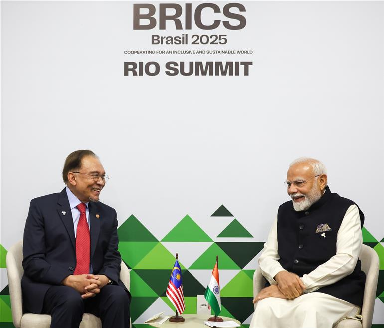 PM holds a bilateral meeting with the Prime Minister of Malaysia, Mr. Anwar bin Ibrahim on the sidelines of 17th BRICS Summit at Rio De Janeiro, in Brazil on July 06, 2025.:Prime Minister's Office PM holds a bilateral meeting with the Prime Minister of Malaysia, Mr. Anwar bin Ibrahim on the sidelines of 17th BRICS Summit at Rio De Janeiro, in Brazil on July 06, 2025.:Prime Minister