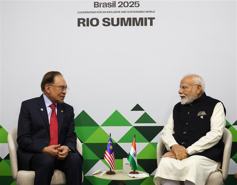 PM holds a bilateral meeting with the Prime Minister of Malaysia, Mr. Anwar bin Ibrahim on the sidelines of 17th BRICS Summit at Rio De Janeiro, in Brazil on July 06, 2025.:Prime Minister's Office PM holds a bilateral meeting with the Prime Minister of Malaysia, Mr. Anwar bin Ibrahim on the sidelines of 17th BRICS Summit at Rio De Janeiro, in Brazil on July 06, 2025.:Prime Minister