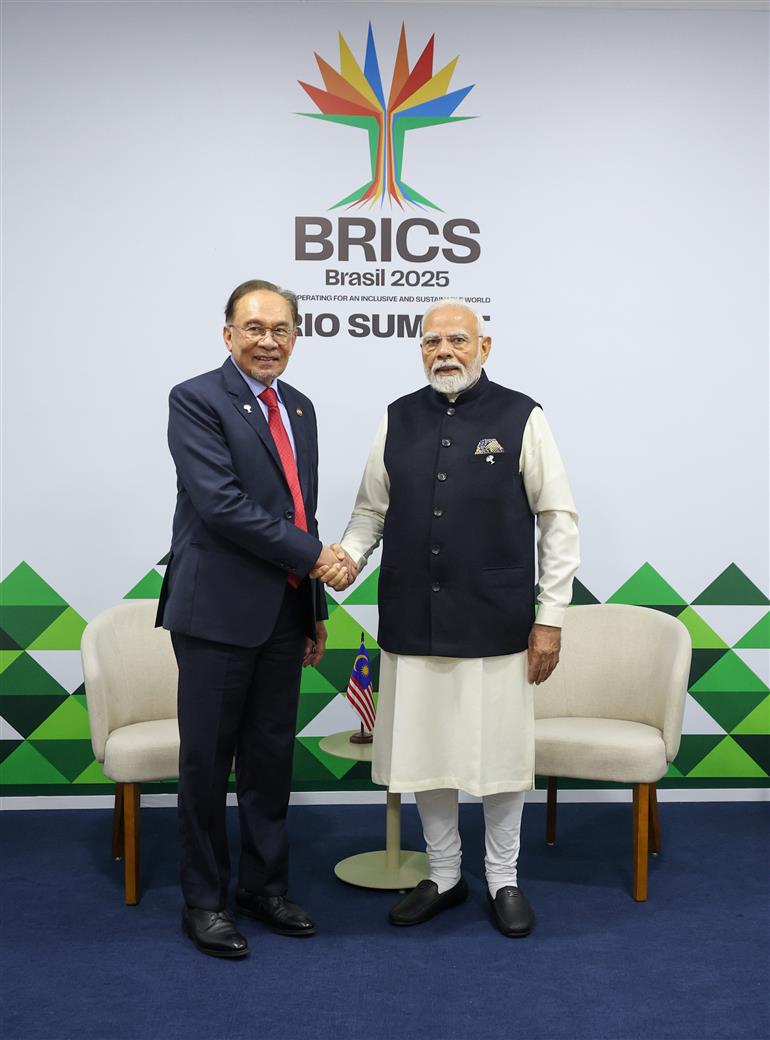 PM holds a bilateral meeting with the Prime Minister of Malaysia, Mr. Anwar bin Ibrahim on the sidelines of 17th BRICS Summit at Rio De Janeiro, in Brazil on July 06, 2025.:Prime Minister's Office PM holds a bilateral meeting with the Prime Minister of Malaysia, Mr. Anwar bin Ibrahim on the sidelines of 17th BRICS Summit at Rio De Janeiro, in Brazil on July 06, 2025.:Prime Minister