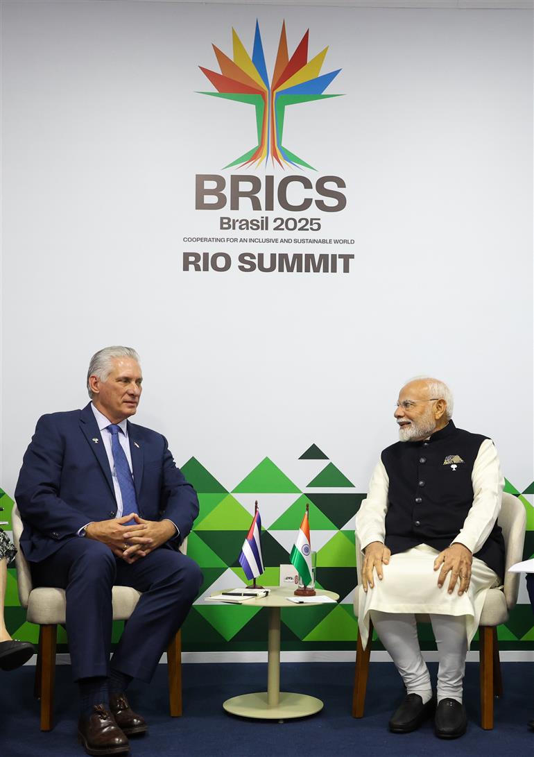 PM holds a bilateral meeting with the President of the Republic of Cuba, Mr. Miguel Díaz-Canel on the sidelines of 17th BRICS Summit at Rio De Janeiro, in Brazil on July 06, 2025.:Prime Minister's Office PM holds a bilateral meeting with the President of the Republic of Cuba, Mr. Miguel Díaz-Canel on the sidelines of 17th BRICS Summit at Rio De Janeiro, in Brazil on July 06, 2025.:Prime Minister