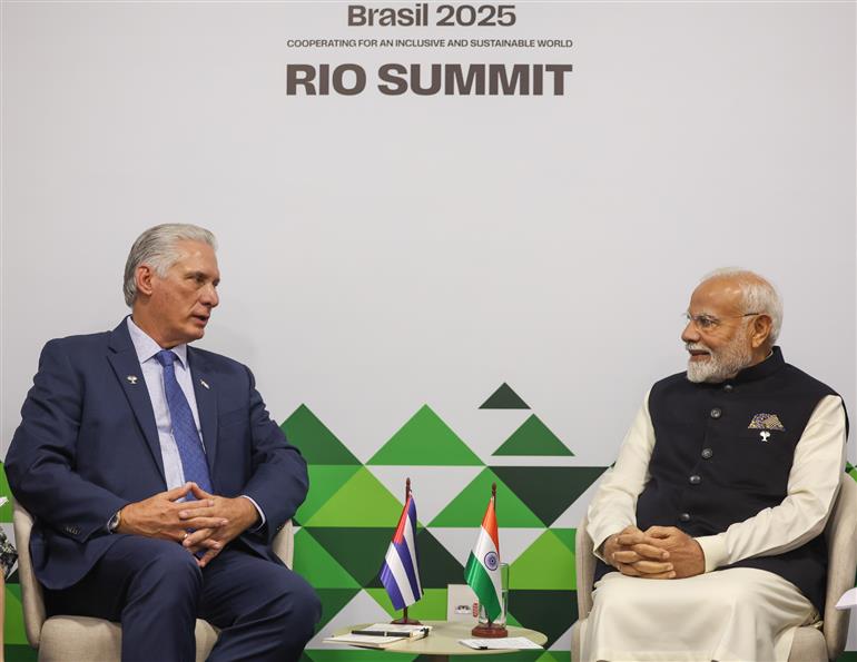 PM holds a bilateral meeting with the President of the Republic of Cuba, Mr. Miguel Díaz-Canel on the sidelines of 17th BRICS Summit at Rio De Janeiro, in Brazil on July 06, 2025.:Prime Minister's Office PM holds a bilateral meeting with the President of the Republic of Cuba, Mr. Miguel Díaz-Canel on the sidelines of 17th BRICS Summit at Rio De Janeiro, in Brazil on July 06, 2025.:Prime Minister