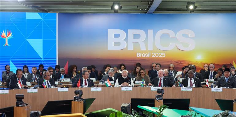 PM addressing the BRICS Summit Plenary session on ‘Strengthening Multi-lateralism, Economic-Financial Affairs and Artificial Intelligence’ on the sidelines of 17th BRICS Summit at Rio De Janeiro, in Brazil on July 06, 2025.