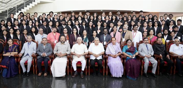 The Vice President, Shri Jagdeep Dhankhar in a group photograph with the students and faculty members of National University of Advanced Legal Studies (NUALS) in Kochi, Kerala on July 7, 2025.