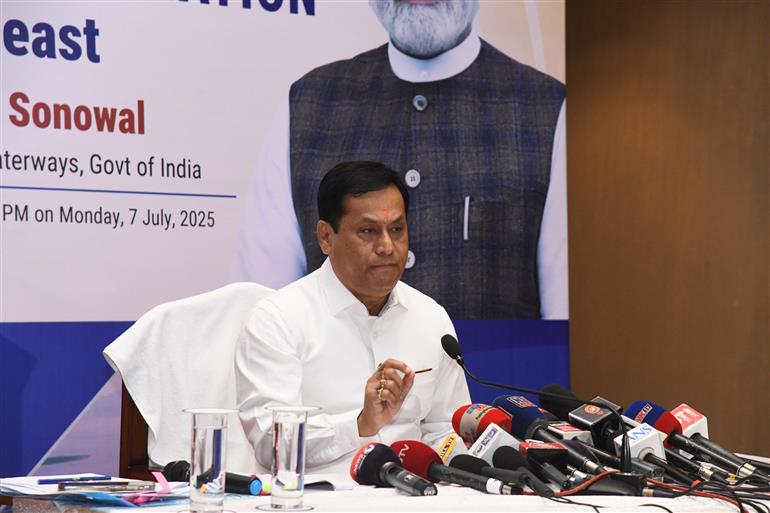 The Union Minister for Ports, Shipping and Waterways, Shri Sarbananda Sonowal addressing a press conference on ‘11 Years of Government’ at Guwahati, in Assam on July 07, 2025.