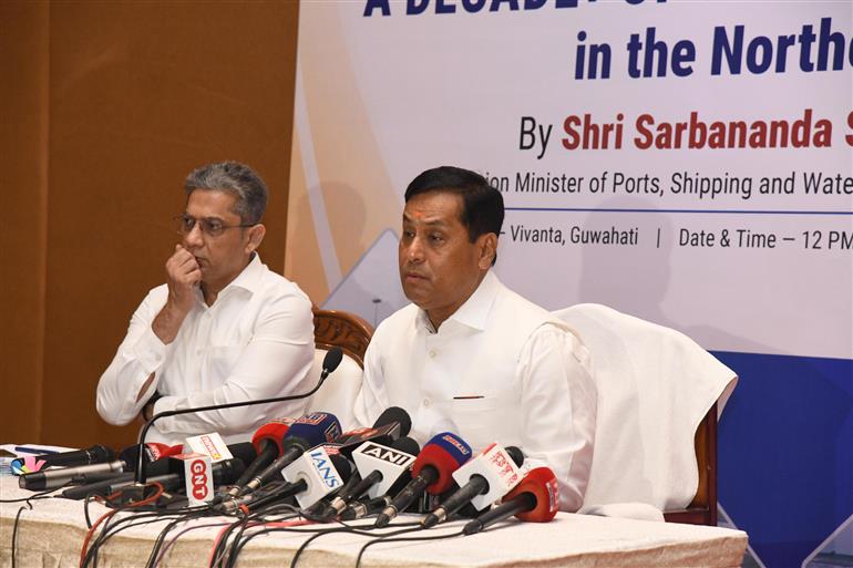 The Union Minister for Ports, Shipping and Waterways, Shri Sarbananda Sonowal addressing a press conference on ‘11 Years of Government’ at Guwahati, in Assam on July 07, 2025.