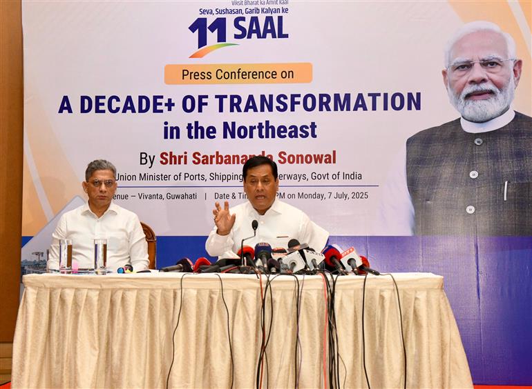 The Union Minister for Ports, Shipping and Waterways, Shri Sarbananda Sonowal addressing a press conference on ‘11 Years of Government’ at Guwahati, in Assam on July 07, 2025.
