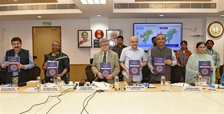 The Vice Chairman, NITI Aayog, Shri Suman Bery, the Chief Executive Officer (CEO), NITI Aayog, Shri B.V.R. Subrahmanyam and the Secretary, Ministry of Development of North-East Region, Shri Chanchal Kumar release of Report on “North Eastern Region District SDG Index - 2023-24” at NITI Aayog, in New Delhi on July 07, 2025.