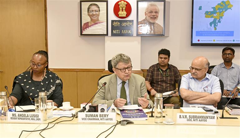 The Vice Chairman, NITI Aayog, Shri Suman Bery addressing at the release of Report on “North Eastern Region District SDG Index - 2023-24” at NITI Aayog, in New Delhi on July 07, 2025.
