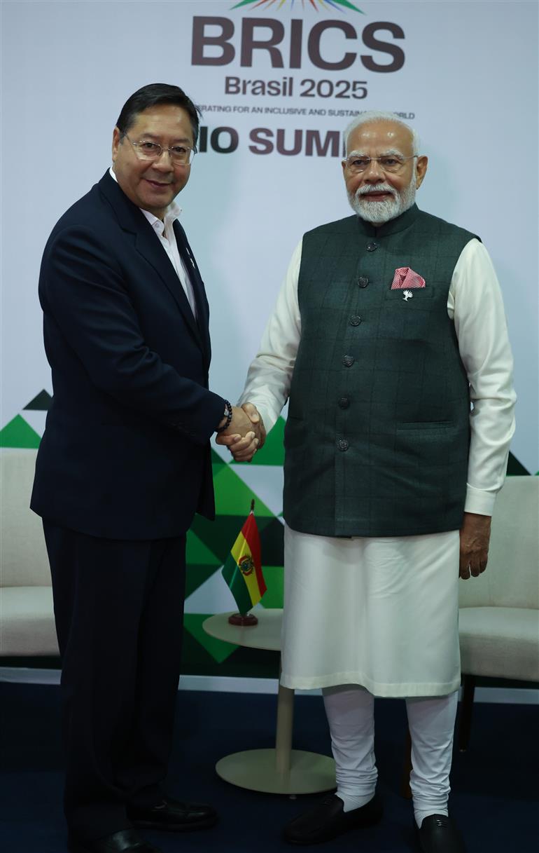 PM holds a bilateral meeting with the President of Bolivia, Mr. Luis Arce Catacora on the sidelines of 17th BRICS Summit at Rio De Janeiro, in Brazil on July 07, 2025.