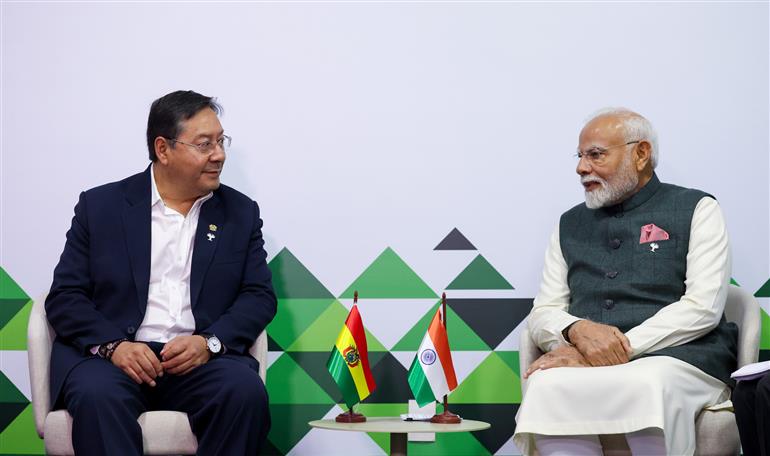 PM holds a bilateral meeting with the President of Bolivia, Mr. Luis Arce Catacora on the sidelines of 17th BRICS Summit at Rio De Janeiro, in Brazil on July 07, 2025.