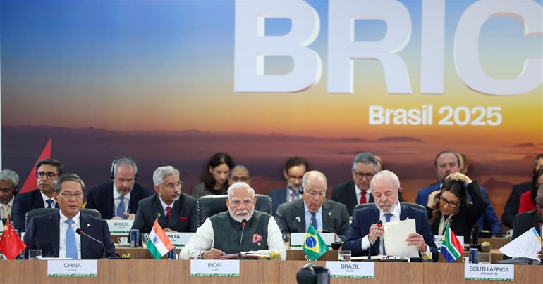 PM addressing the session on ‘Environment, COP 30 and Global Health’ on the sidelines of 17th BRICS Summit at Rio De Janeiro, in Brazil on July 07, 2025.