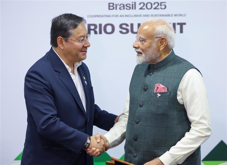 PM holds a bilateral meeting with the President of Bolivia, Mr. Luis Arce Catacora on the sidelines of 17th BRICS Summit at Rio De Janeiro, in Brazil on July 07, 2025.