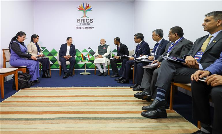 PM holds a bilateral meeting with the President of Bolivia, Mr. Luis Arce Catacora on the sidelines of 17th BRICS Summit at Rio De Janeiro, in Brazil on July 07, 2025.