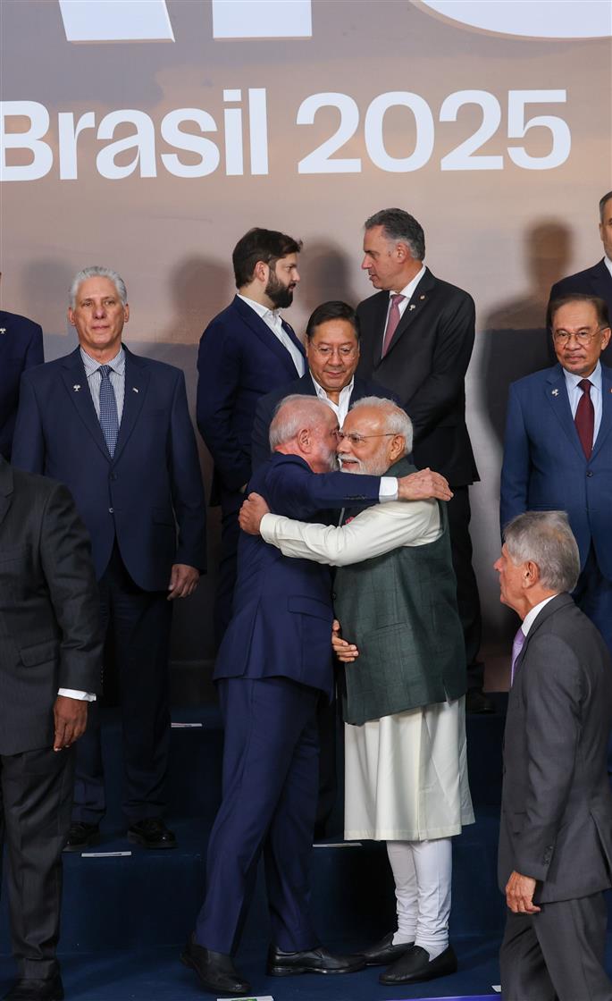 PM and the President of Brazil, Mr. Luiz Inacio Lula da Silva shared a warm embrace following the family photo on the sidelines of the 17th BRICS Summit in Rio de Janeiro, Brazil on July 07, 2025.