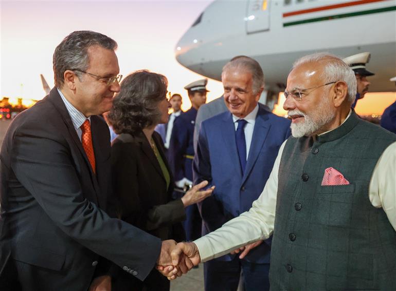 PM arrives at Brasilia airport during his State Visit after attending the 17th BRICS Summit held in Rio De Janeiro at Brasília, in Brazil on July 07, 2025.