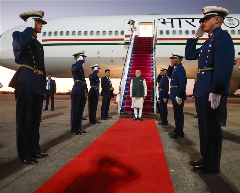 PM arrives at Brasilia airport during his State Visit after attending the 17th BRICS Summit held in Rio De Janeiro at Brasília, in Brazil on July 07, 2025.