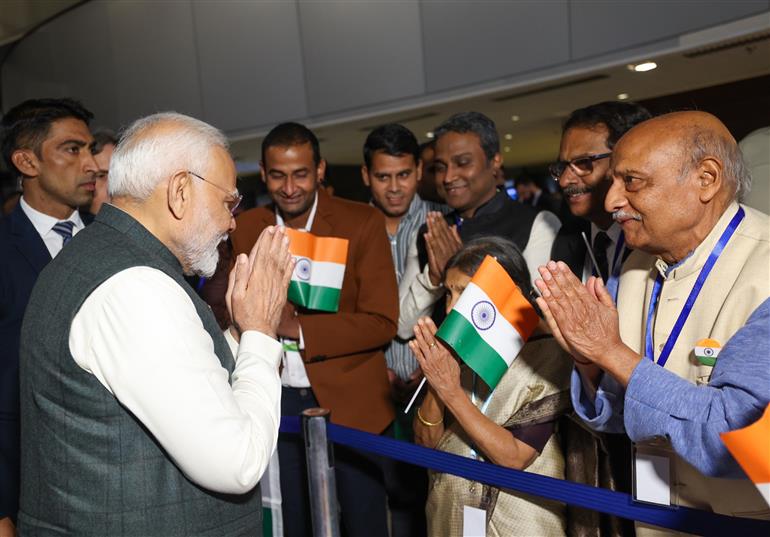 PM receives a rousing welcome by Indian community on his arrival at  hotel, in Brasília, in Brazil on July 07, 2025.