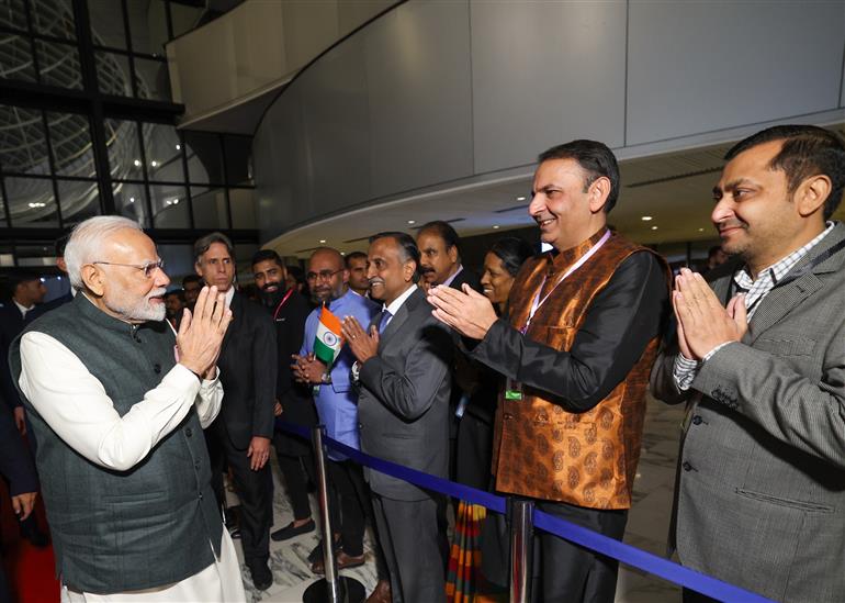 PM receives a rousing welcome by Indian community on his arrival at  hotel, in Brasília, in Brazil on July 07, 2025.
