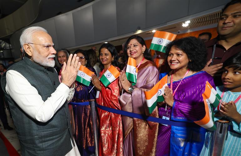 PM receives a rousing welcome by Indian community on his arrival at  hotel, in Brasília, in Brazil on July 07, 2025.