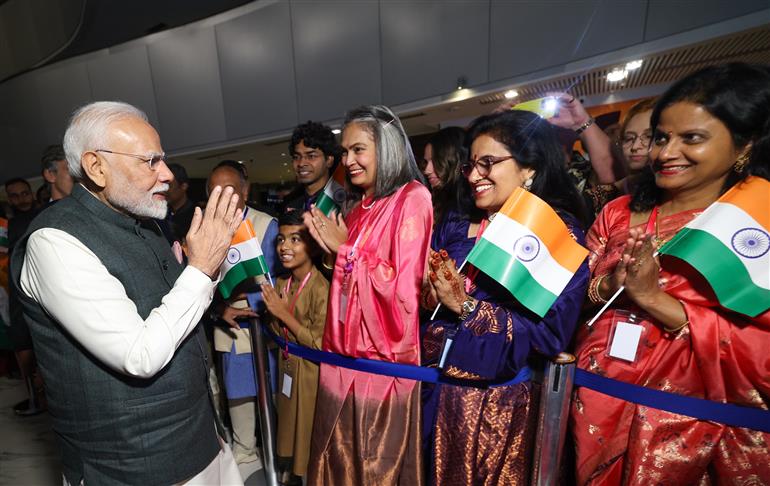 PM receives a rousing welcome by Indian community on his arrival at  hotel, in Brasília, in Brazil on July 07, 2025.