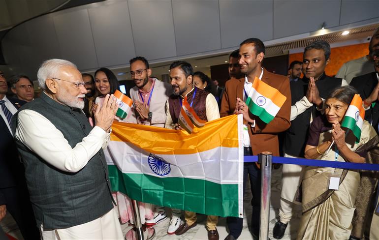 PM receives a rousing welcome by Indian community on his arrival at  hotel, in Brasília, in Brazil on July 07, 2025.