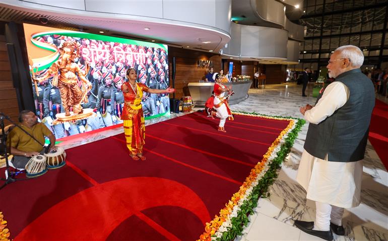 PM receives a cultural welcome by Acharya Jonas Masetti and group on his arrival at  hotel, in Brasília, in Brazil on July 07, 2025.