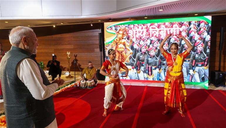 PM receives a cultural welcome by Acharya Jonas Masetti and group on his arrival at  hotel, in Brasília, in Brazil on July 07, 2025.