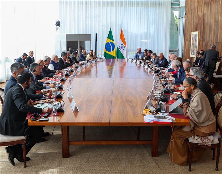 PM holds a delegation level talks with the President of Brazil, Mr. Luiz Inácio Lula da Silva on the broadening of the Strategic Partnership between India and Brazil at Brasília, in Brazil on July 08, 2025.:Prime Minister's Office PM holds a delegation level talks with the President of Brazil, Mr. Luiz Inácio Lula da Silva on the broadening of the Strategic Partnership between India and Brazil at Brasília, in Brazil on July 08, 2025.:Prime Minister