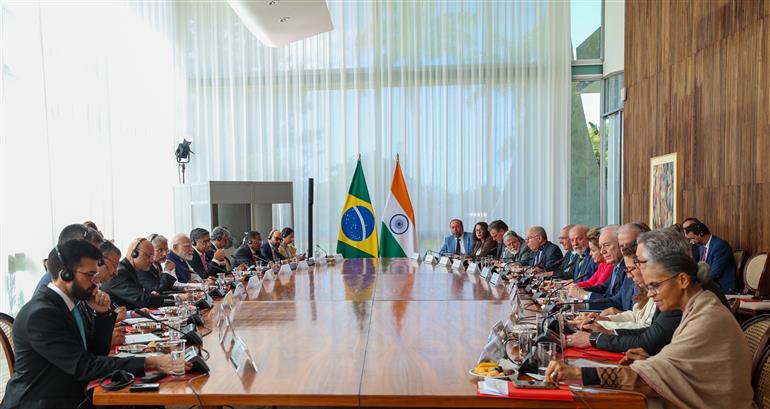 PM holds a delegation level talks with the President of Brazil, Mr. Luiz Inácio Lula da Silva on the broadening of the Strategic Partnership between India and Brazil at Brasília, in Brazil on July 08, 2025.:Prime Minister's Office PM holds a delegation level talks with the President of Brazil, Mr. Luiz Inácio Lula da Silva on the broadening of the Strategic Partnership between India and Brazil at Brasília, in Brazil on July 08, 2025.:Prime Minister
