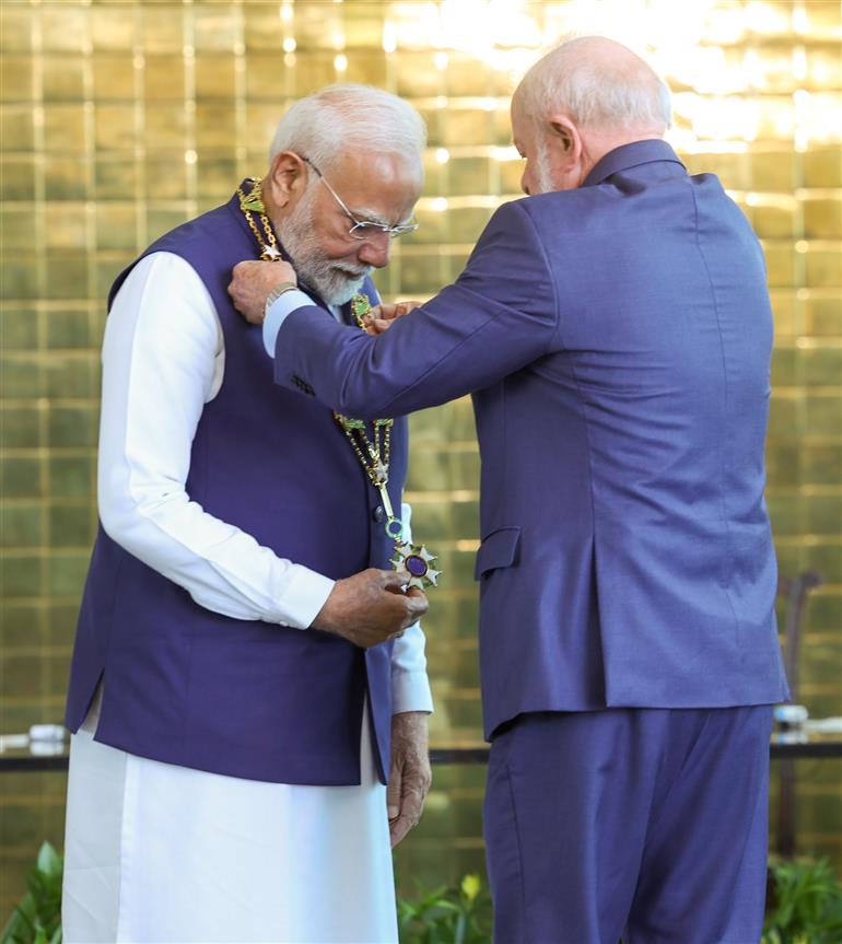 PM receiving the Brazil’s highest honour - ‘The Grand Collar of the National Order of the Southern Cross’ by the President of Brazil, Mr. Luiz Inácio Lula da Silva at Brasília, in Brazil on July 08, 2025.:Prime Minister's Office PM receiving the Brazil’s highest honour - ‘The Grand Collar of the National Order of the Southern Cross’ by the President of Brazil, Mr. Luiz Inácio Lula da Silva at Brasília, in Brazil on July 08, 2025.:Prime Minister