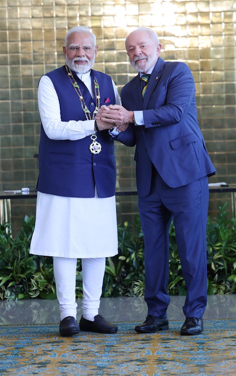 PM receiving the Brazil’s highest honour - ‘The Grand Collar of the National Order of the Southern Cross’ by the President of Brazil, Mr. Luiz Inácio Lula da Silva at Brasília, in Brazil on July 08, 2025.:Prime Minister's Office PM receiving the Brazil’s highest honour - ‘The Grand Collar of the National Order of the Southern Cross’ by the President of Brazil, Mr. Luiz Inácio Lula da Silva at Brasília, in Brazil on July 08, 2025.:Prime Minister