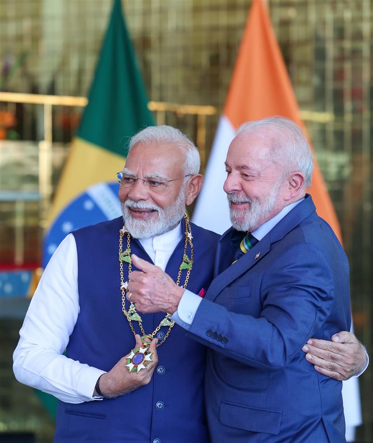 PM receiving the Brazil’s highest honour - ‘The Grand Collar of the National Order of the Southern Cross’ by the President of Brazil, Mr. Luiz Inácio Lula da Silva at Brasília, in Brazil on July 08, 2025.:Prime Minister's Office PM receiving the Brazil’s highest honour - ‘The Grand Collar of the National Order of the Southern Cross’ by the President of Brazil, Mr. Luiz Inácio Lula da Silva at Brasília, in Brazil on July 08, 2025.:Prime Minister