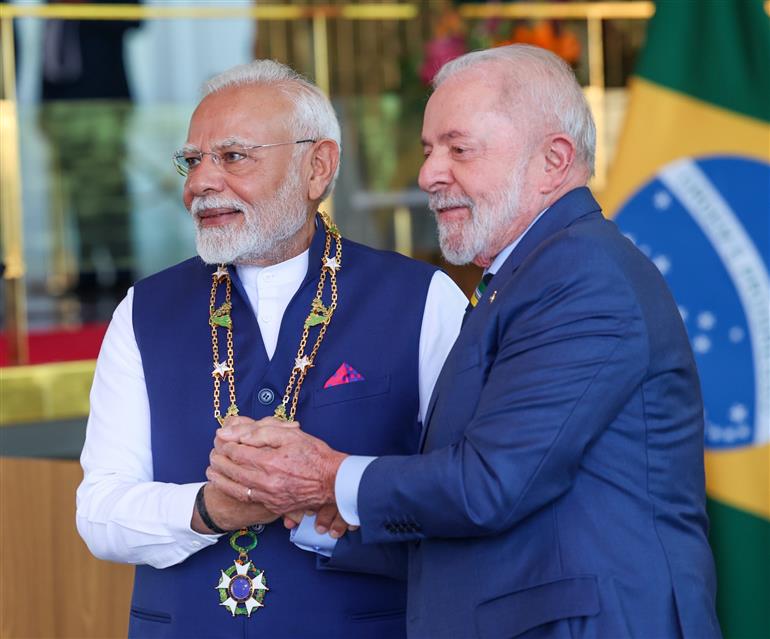PM receiving the Brazil’s highest honour - ‘The Grand Collar of the National Order of the Southern Cross’ by the President of Brazil, Mr. Luiz Inácio Lula da Silva at Brasília, in Brazil on July 08, 2025.:Prime Minister's Office PM receiving the Brazil’s highest honour - ‘The Grand Collar of the National Order of the Southern Cross’ by the President of Brazil, Mr. Luiz Inácio Lula da Silva at Brasília, in Brazil on July 08, 2025.:Prime Minister