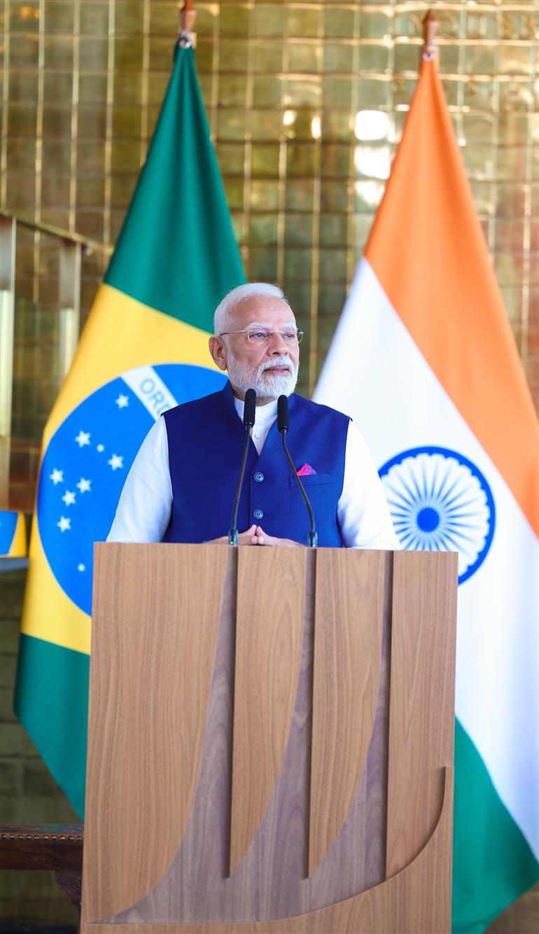 PM addressing the ‘Joint Press Meet’ at Brasília, in Brazil on July 08, 2025.:Prime Minister's Office PM addressing the ‘Joint Press Meet’ at Brasília, in Brazil on July 08, 2025.:Prime Minister