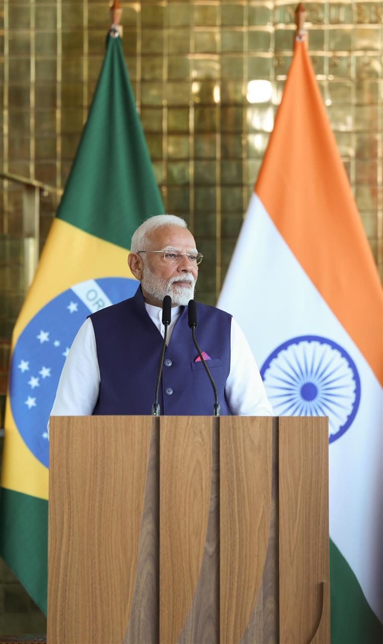 PM addressing the ‘Joint Press Meet’ at Brasília, in Brazil on July 08, 2025.:Prime Minister's Office PM addressing the ‘Joint Press Meet’ at Brasília, in Brazil on July 08, 2025.:Prime Minister