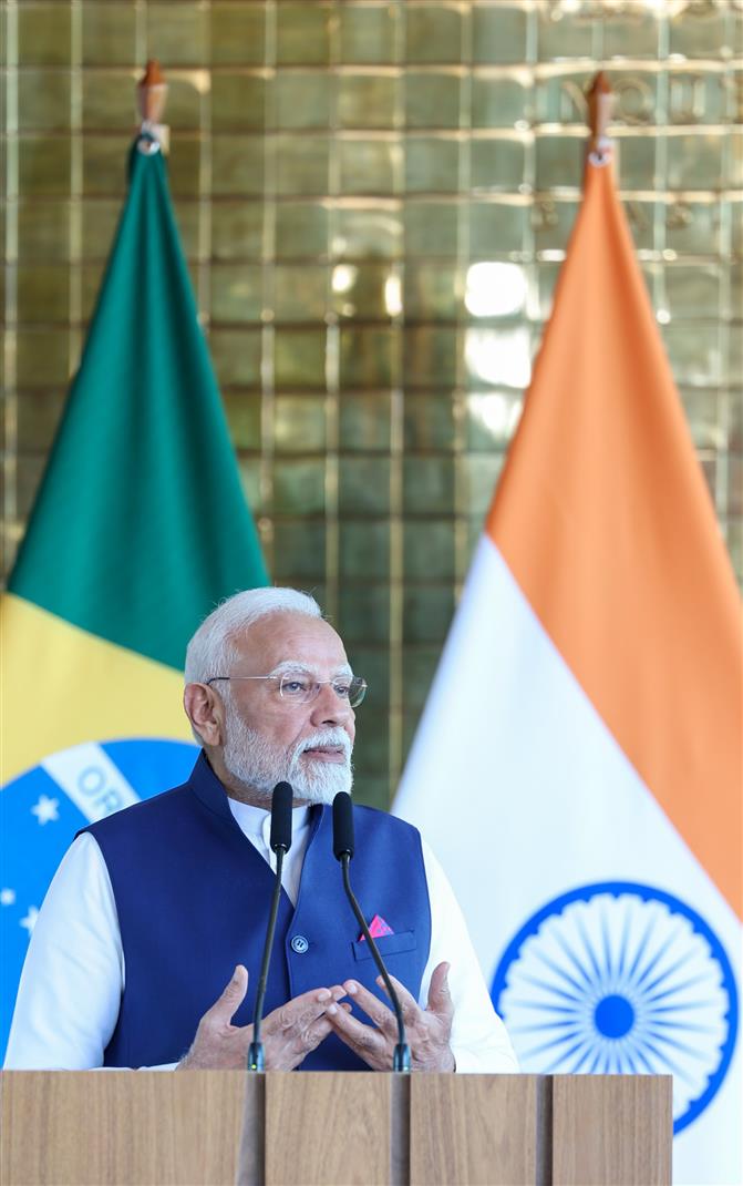 PM addressing the ‘Joint Press Meet’ at Brasília, in Brazil on July 08, 2025.:Prime Minister's Office PM addressing the ‘Joint Press Meet’ at Brasília, in Brazil on July 08, 2025.:Prime Minister