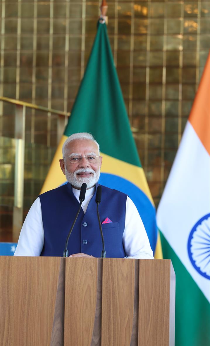PM addressing the ‘Joint Press Meet’ at Brasília, in Brazil on July 08, 2025.:Prime Minister's Office PM addressing the ‘Joint Press Meet’ at Brasília, in Brazil on July 08, 2025.:Prime Minister