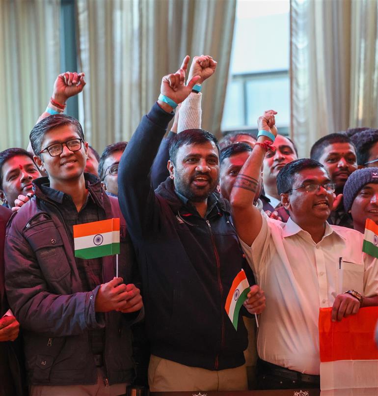PM receives warm welcome by the Indian community at Windhoek, in Namibia on July 09, 2025.