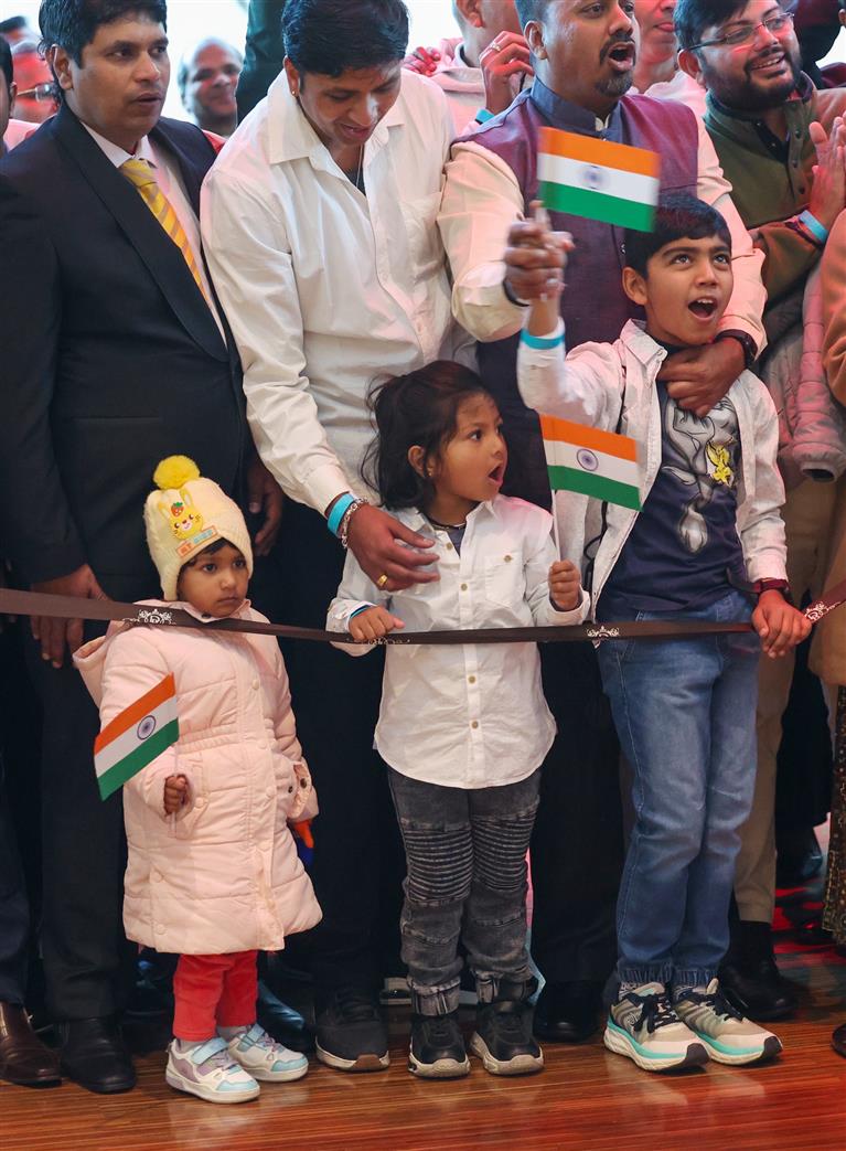 PM receives warm welcome by the Indian community at Windhoek, in Namibia on July 09, 2025.