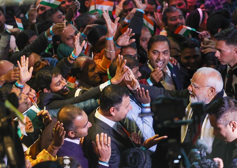 PM receives warm welcome by the Indian community at Windhoek, in Namibia on July 09, 2025.