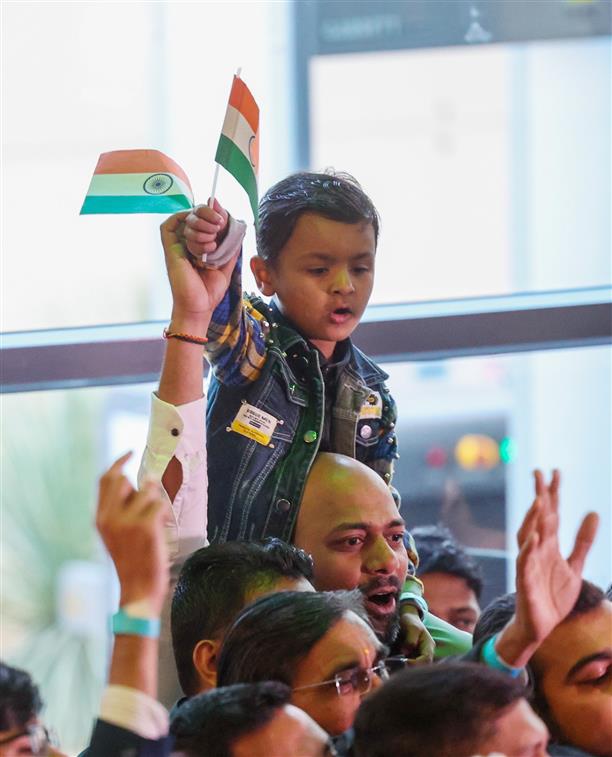PM receives warm welcome by the Indian community at Windhoek, in Namibia on July 09, 2025.